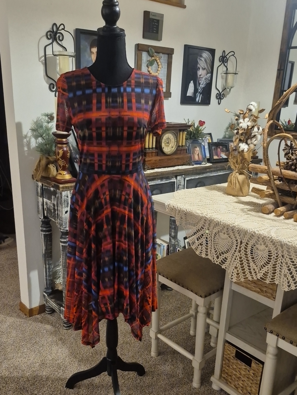 Abstract Plaid Fit & Flare Dress in Red and Blue